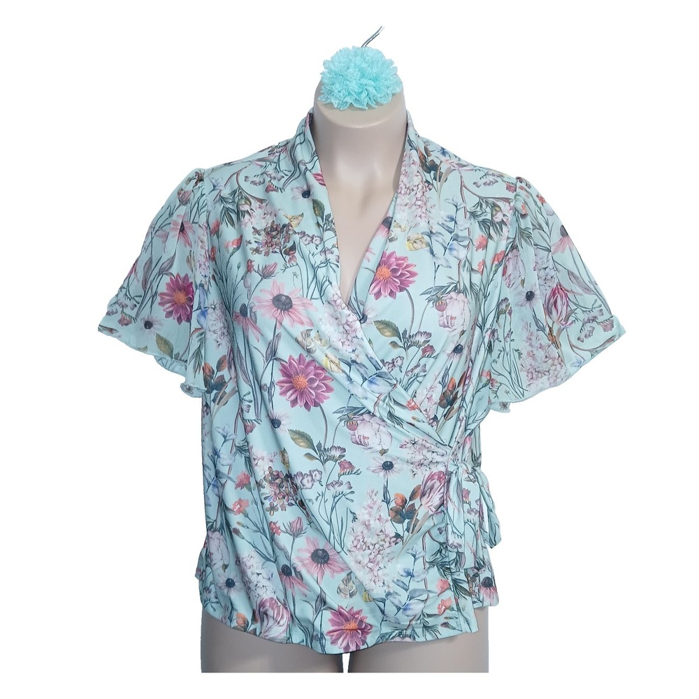 Chenault Women Surplice Faux Wrap Top 2X Sage Green Floral Angel Flare Sleeve